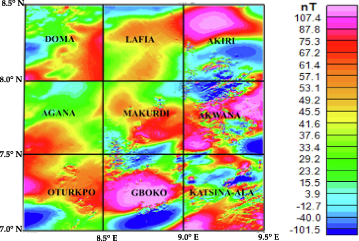 (a) Total magnetic intensity map of the study area.