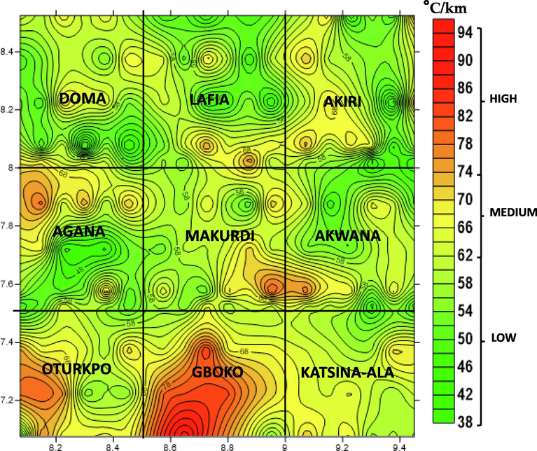 Geothermal gradient map of the study area.