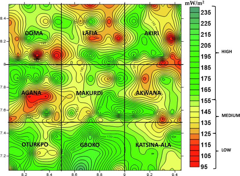 Heat flow map of the study area.