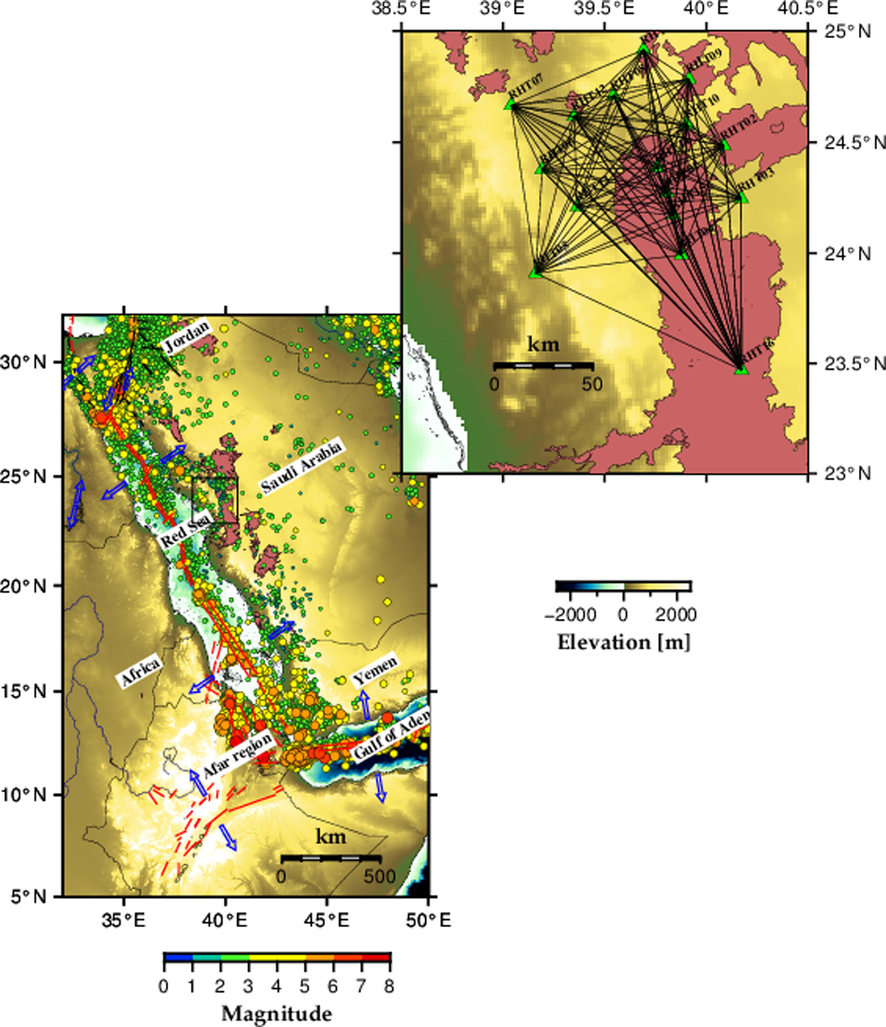 A map of the Arabian shield and its controlling regional tectonics. The distribution of epicentres (coloured circles) as a function of magnitude is also shown. The type of tectonic movements in the region is represented by blue arrows. The spatial coordinates of the broadband seismic stations as well as the density of ray paths between station pairs are also displayed. Cenozoic volcanic fields known as Harrats are shown as polygons.