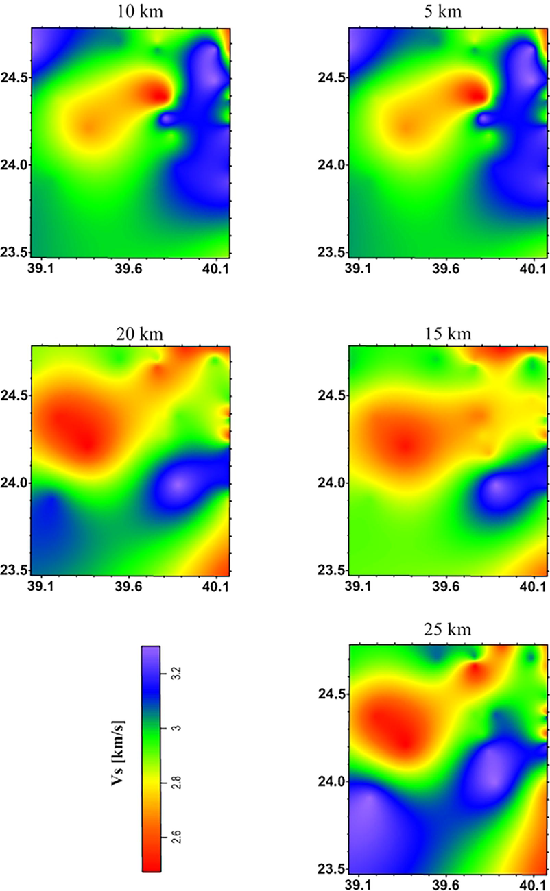 A demonstration of the spatial variations between shear wave velocities and a series of depths of 5, 10, 15, 20, and 25 km.