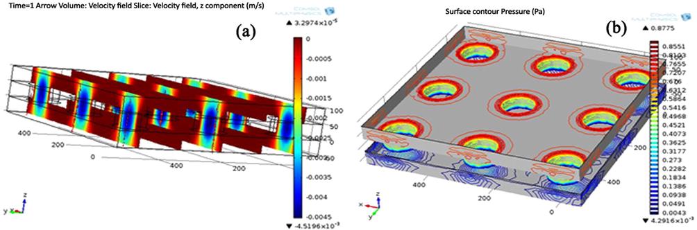 Velocity output of 50 µm sized microsieves, bottom of the pore (a) and outer region (b).