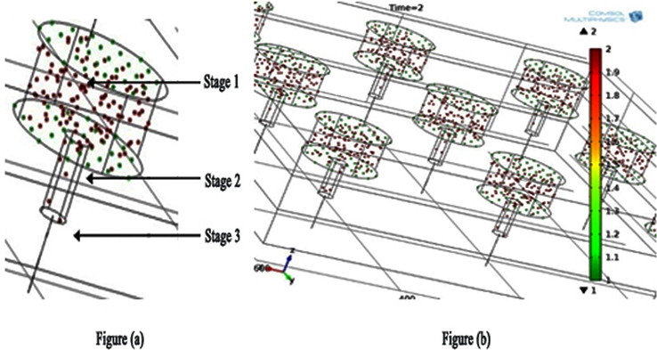 3D view of the pores forming the three stages of microfiltration (a) and array of pores in the micro sieve plates forming the three stages of microfiltration (b).