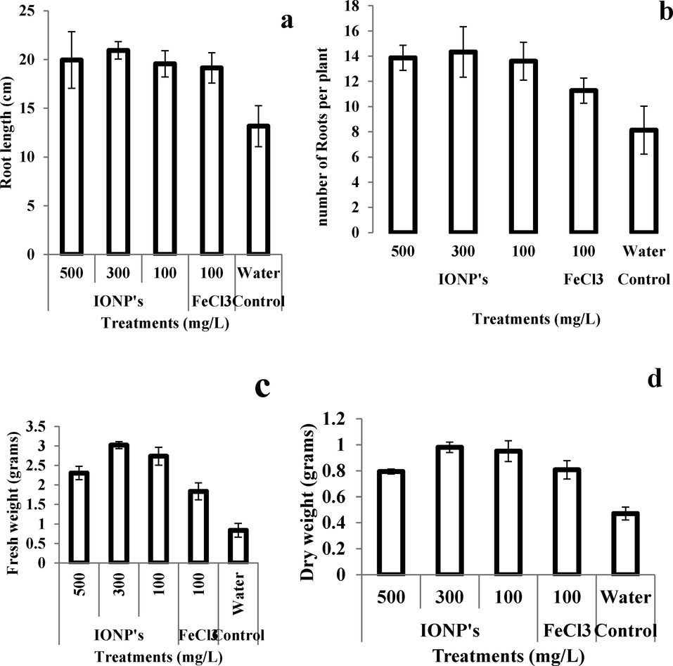 Effect of iron nanoparticles and iron salt on (a) root length, (b) number of roots, (c) Fresh weight, and (d) dry weight per plant of wheat grown in cadmium stress.