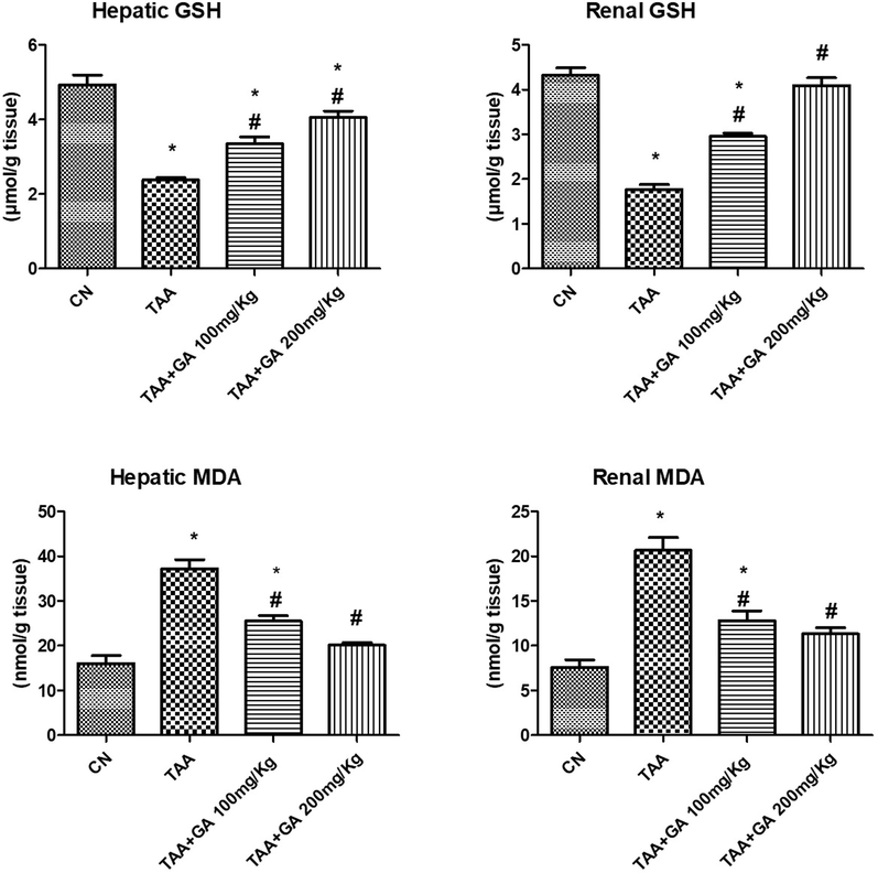 The concentrations of reduced glutathione (GSH) and malondialdehyde (MDA) in both renal and hepatic tissues from different studied rat groups. * indicates the statistical significance compared with the control. # indicates the significance compared with the TAA group. Values in the histogram are the mean ± SEM, and significance was set at P < 0.05, 0.005, and 0.001.