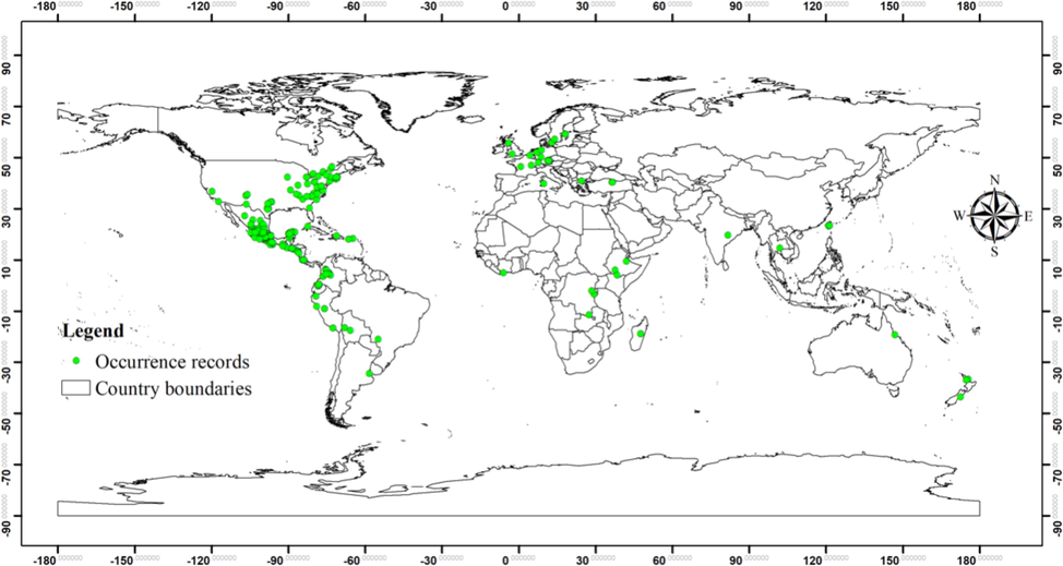 Global occurrence records of Ipomoea tricolor used in the study to predict habitat suitability at global and regional scales (n = 479).