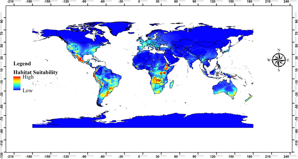 Predicted global habitat suitability of Ipomoea tricolor under current climatic conditions.