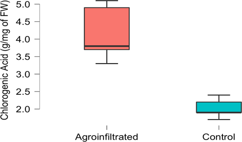 Comparison of chlorogenic acid concentration (g/mg of FW) of agroinfiltrated plant SmHQT and control fruit samples.A.