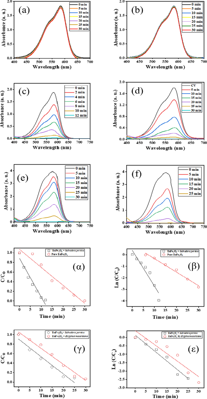 UV–vis spectra of photocatalytic degradation of (a) catalysts in darkness (b) blank (no catalyst) (c) Salvadora persica-modified ZnFe2O4 in 10 ppm CV (d) Pure ZnFe2O4 in 10 ppm CV (e) Ziziphus mauritiana-modified ZnFe2O4 in 30 ppm CV dye (f) Salvadora persica-modiied ZnFe2O4 in 30 ppm CV and C/Co vs time (α, γ) and ln (C/Co) vs time (β, ε) for pure and modified ZnFe2O4 with a CV dye concentration of 10 ppm (top) and 30 ppm (bottom).