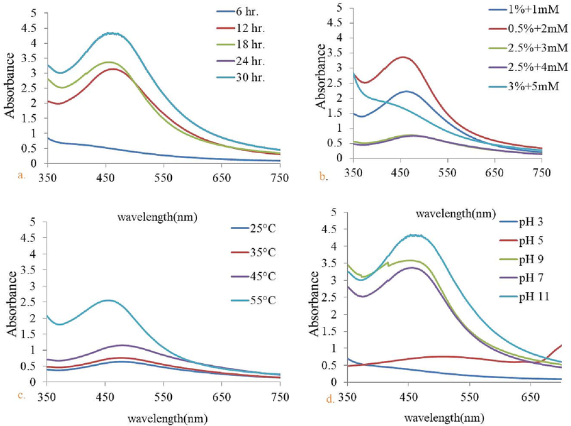 UV–Vis spectrum of Nyc.-AgNPs obtained for (a) different reaction time (6–30 hr.) & (b) with different concentration of AgNO3 and plant extract after 12 hr. of incubation, (c) with increasing range of temperature (25 °C–55 °C) (d) various pH values (3–11).