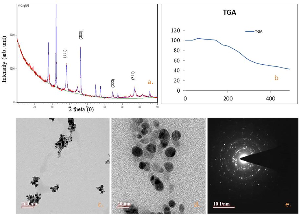 (a) XRD pattern of bio synthesized AgNPs. Vertical lines relate to face centered cubic (fcc) crystal structure of silver, (b) TGA graph of biosynthesized NPs, (c-e) Transmission electron microscopy images of silver nanoparticles.