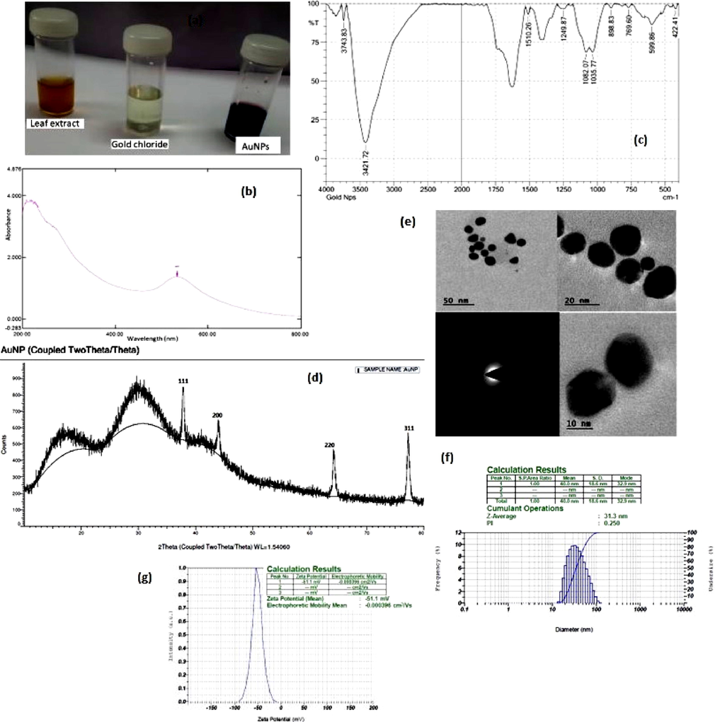 Characterization of AP-AuNPs: (a) colour change (b) UV (c) FTIR (d) XRD (e) TEM (f) particle size (g) zeta potential.