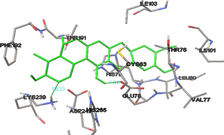 The binding intraction of biofilm-producing uropathogenic E.coli LpxC protein with mangiferin.