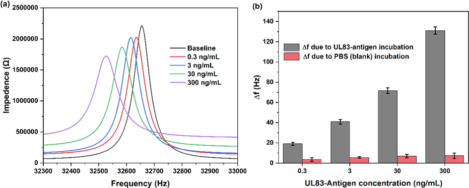 (a) Resonance frequency measurements with different UL83-antigen concentrations. (b) Δ f when biosensing was performed against UL83-antigen and blanks samples.