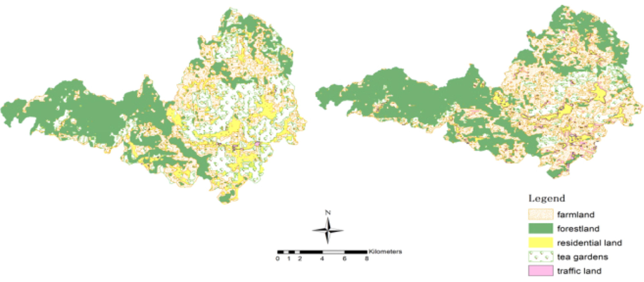 Land use classification of Gande in 2013 (a) and 2017 (b).