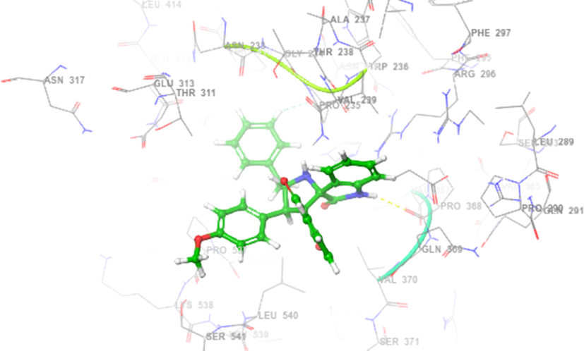 Interaction in spiropyrrolidines 4h with active site of human AChE.