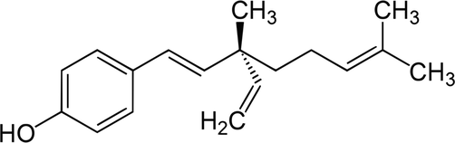 The chemical structure of bakuchiol (4-[(1E,3S)-3-Ethenyl-3,7-dimethylocta-1,6-dien-1-yl] phenol.