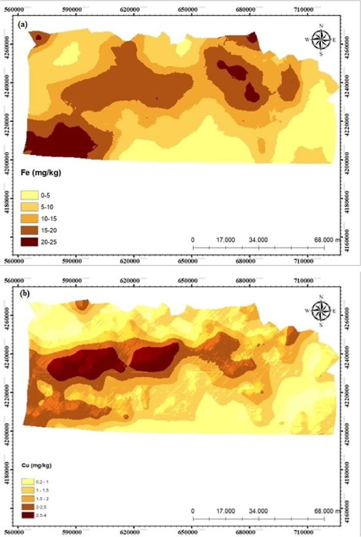 (a) Geostatistical maps of Fe and (b) Cu concentrations.