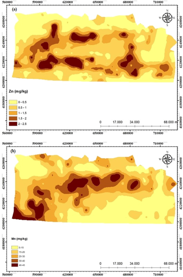 (a) Geostatistical maps of Zn and (b) Mn concentrations.