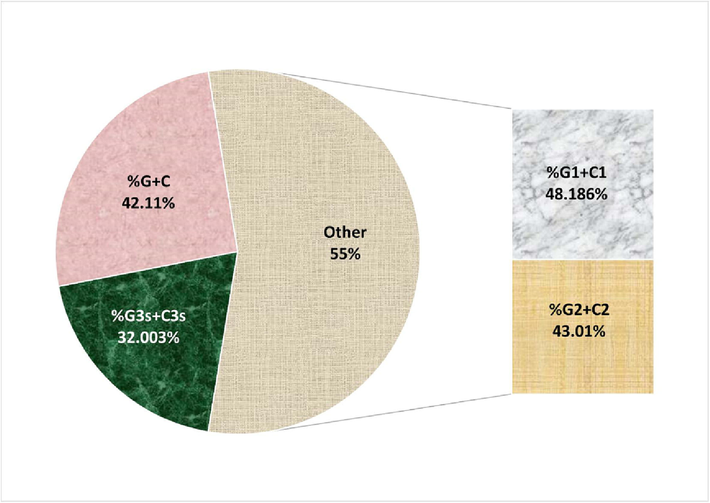 The pie chart for GC contents in coding sequences of HBoV at all three codon positions.