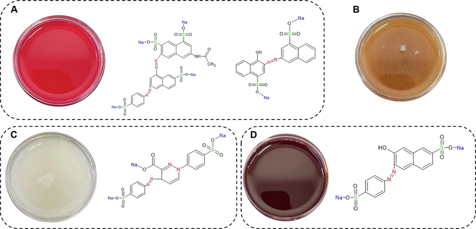 Association between Sobia and food colorant additives (A) red Sobia and brilliant black (left) and carmoisine (right) (B) yellow Sobia (C) white Sobia and tartrazine (D) dark red Sobia and sunset yellow.