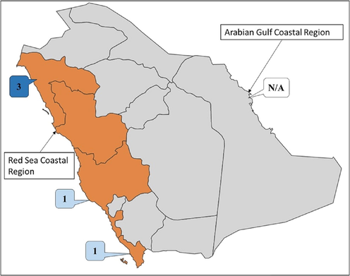 Map showing SWI studies conducted on coastal regions of Saudi Arabia.