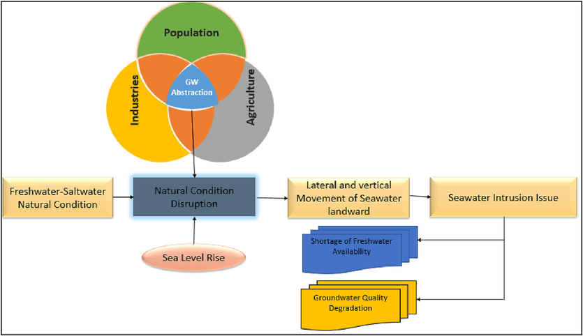 Diagram summarising the cause and impacts of SWI on freshwater resources in coastal communities.