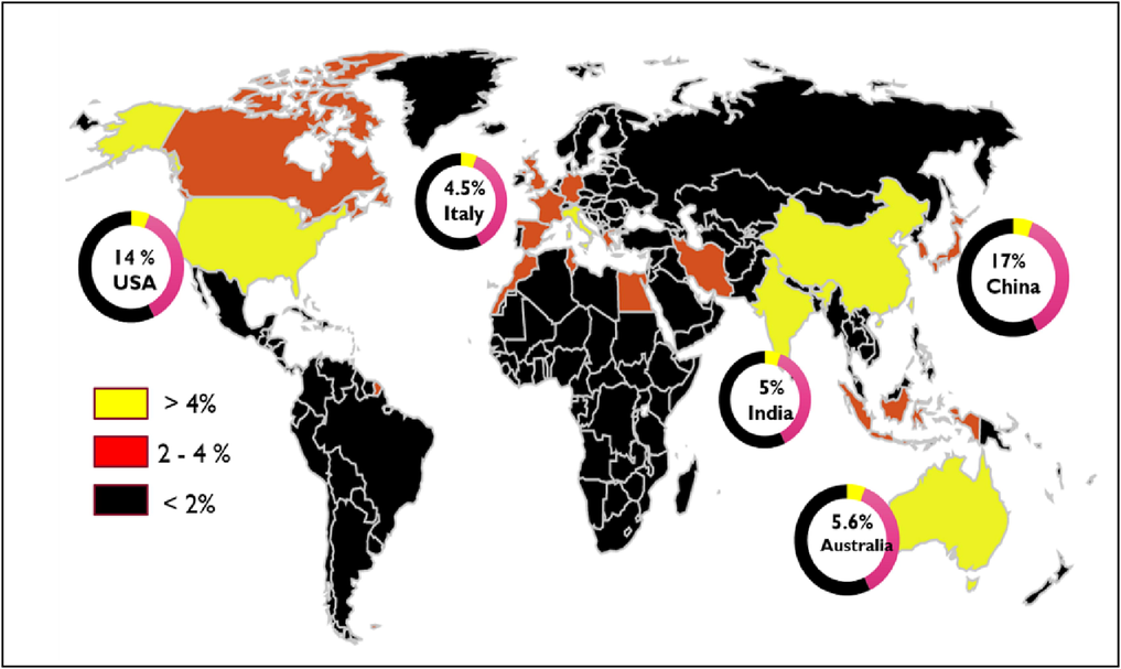 Global trends in terms of geographic distribution of countries with reported maximum SWI documents (1970–2022).