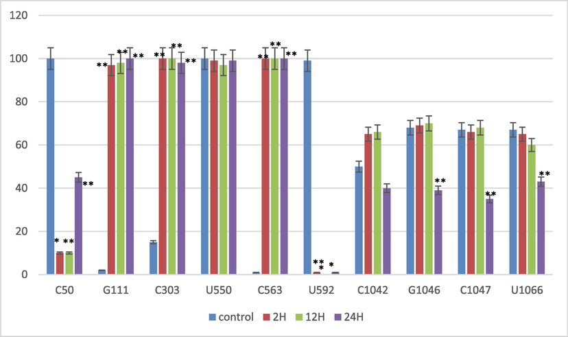 The qRT-PCR analysis confirmed the wild barley edited sites that were predicted by the CLC genomic workbench in different salinity stress situations (control, 2 h after salinity exposure, 12 h after salinity exposure, 24 h after salinity exposure). Biological replicates are expressed as means with standard deviations (black bars). Differences between treatments that are significant indicate ** P < 0.01.