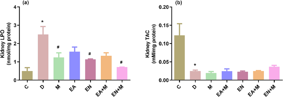 The effects of EA, EN, EA + M, and EN + M on rats’ kidney lipid peroxidation product (LPO) and total antioxidants capacity (TAC) levels determined in all experimental groups. Data are presented as mean ± standard error. C: control group, D: diabetes group, M: metformin group, EA: ellagic acid group, EN: nano-formulated ellagic acid group, EA + M: ellagic acid + metformin group, and EN + M: nanoformulated ellagic acid + metformin group. *Significant against C and #significant against D (p ≤ 0.05).