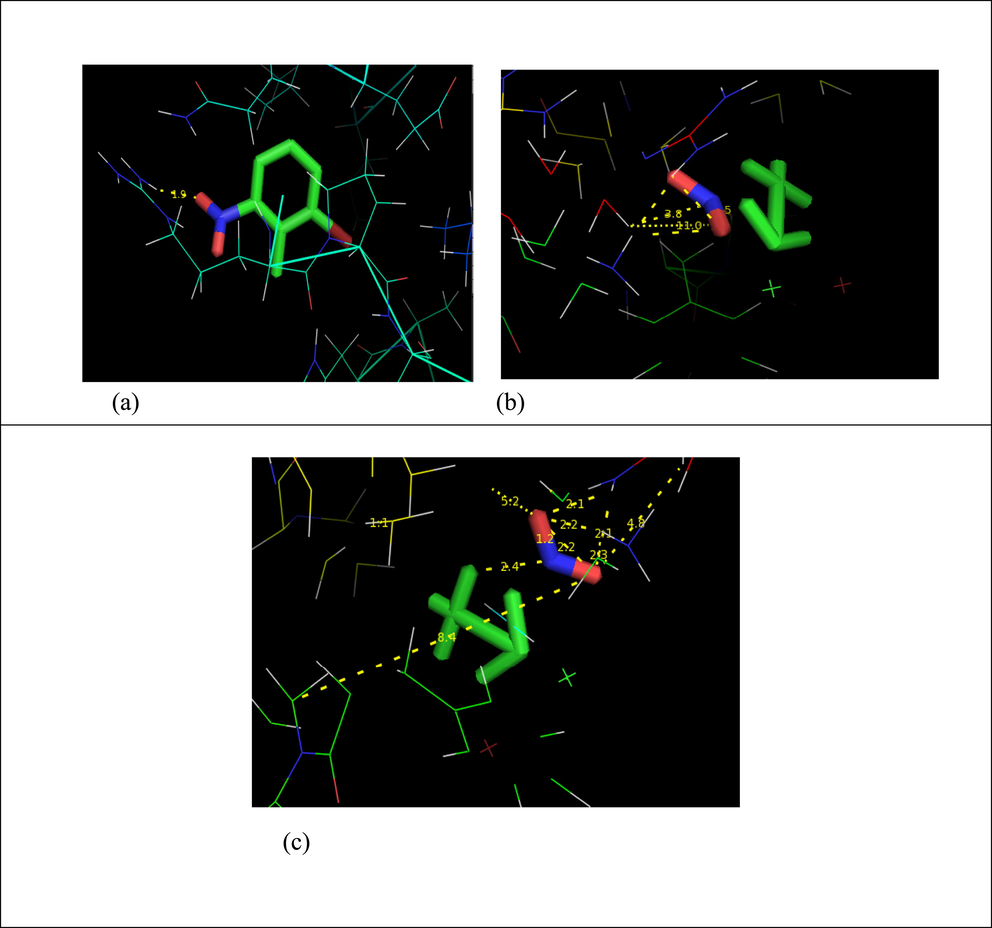 Docking of 2-Bromo-6-nitrotoluene with (a)4ZQY, (b)5V47 and (c)6YPE protein.