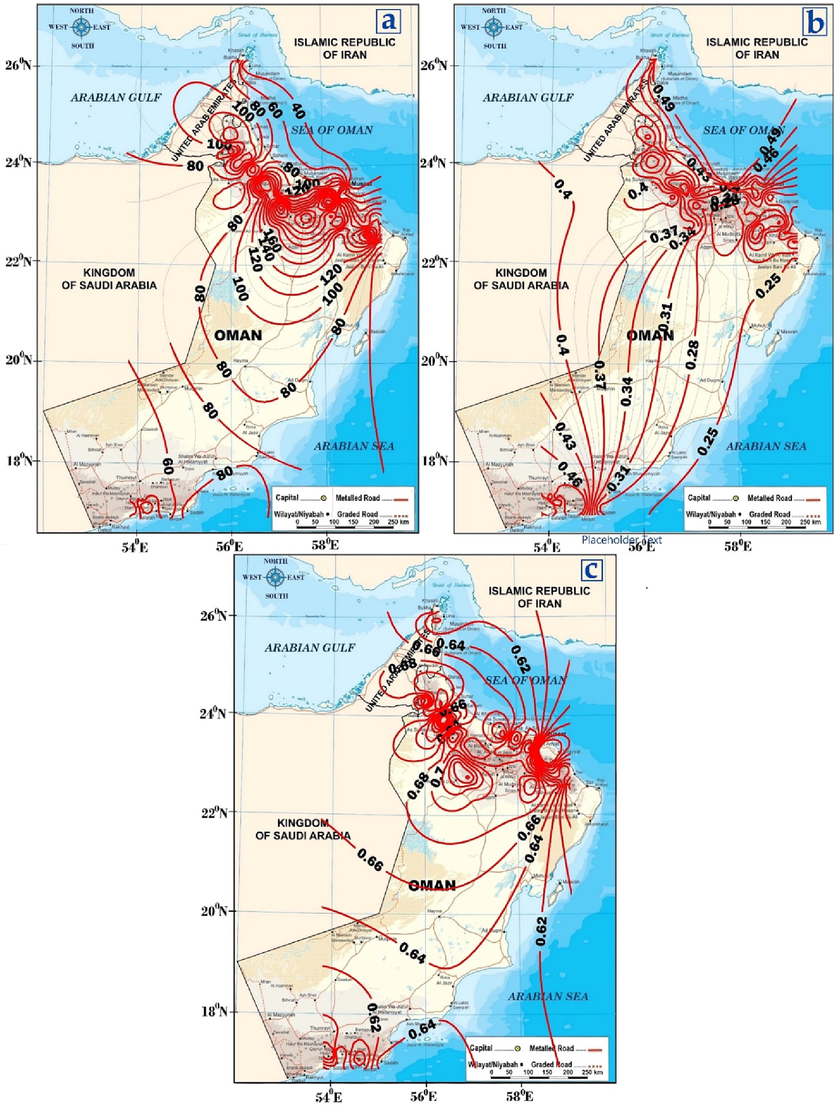 Spatial distribution contour map of empirical IDF parameters (a) C, (b) m, and (c) e.