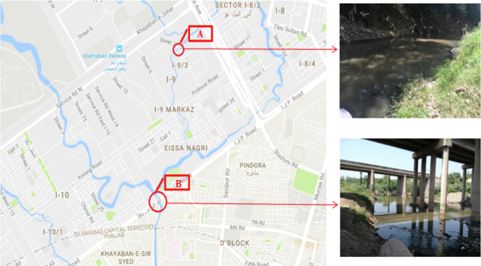 (A) I-9, Industrial area, Islamabad, Pakistan (B) Nalla lai (household area), Rawalpindi, Pakistan (Source: Google map).