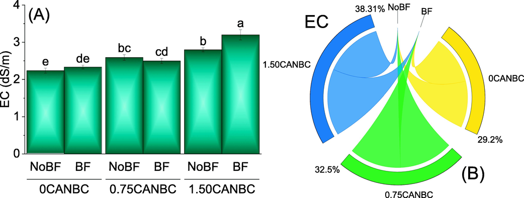 Effect of CANBC different application rates with and without biofertilizer on soil EC. Bars are average (n = 3) ± SE. Letters on bars are showing significant changes at p ≤ 0.05 compared by Fisher LSD (A). Chord diagram is showing the percentage contribution of each CANBC treatment for soil EC with and without BF (B). CANBC = biochar coated calcium ammonium nitrate; BF = Biofertilizer.