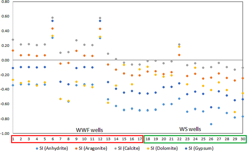 X-Y plot showing the saturation state for anhydrite, aragonite, calcite, gypsum, and anhydrite minerals in WWF and WS sites.