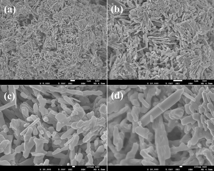 SEM images of V2O5NRs; (a-b) represent the rod shaped structure captured at low magnification whereas (c-d) show the rods shaped structures with an individual size (L = 2–3 µm and D=∼200–250 nm) captured at high magnification scale.