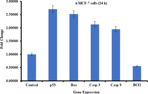 Quantification of mRNA fold change, apoptotic genes (p53, bax, and casp3) and anti-apoptotic gene (bcl-2) was evaluated. MCF-7 cells treated 100 μg/mL of V2O5NRs for 24 h. Data obtained are mean ± SD of three experiments in triplicates (p < 0.05).