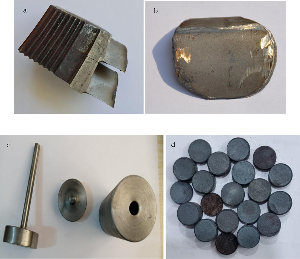 a) broken steam turbine blades, b) xrf sample, c) the die utilized in sample preparation and d) (13 mm) diameter prepared sample.