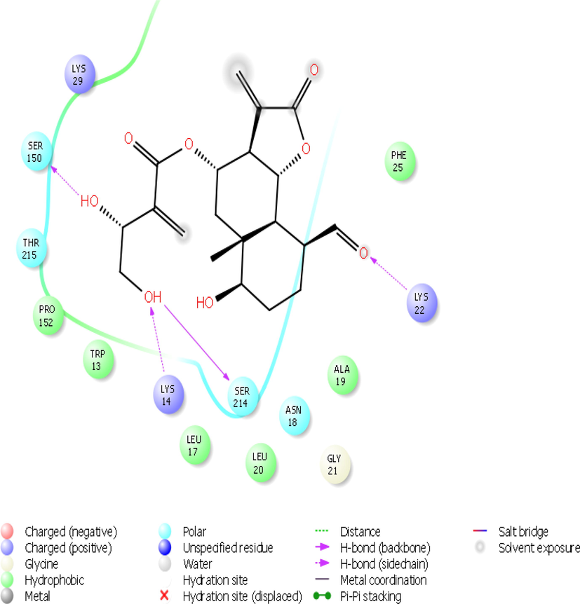 The 2D interaction plots of compound Malacitanolide with the 1R6A-RVP site of dengue virus.