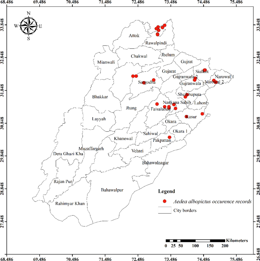 Distribution of Aedes albopictus in different districts of Punjab province.