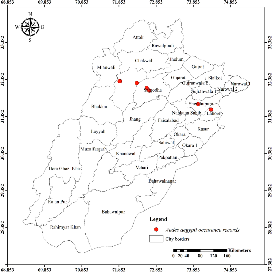 Distribution of Aedes saegypti in different districts of Punjab province.