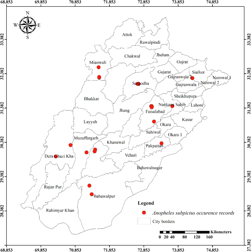 Distribution of Anopheles subpictus in different districts of Punjab province.