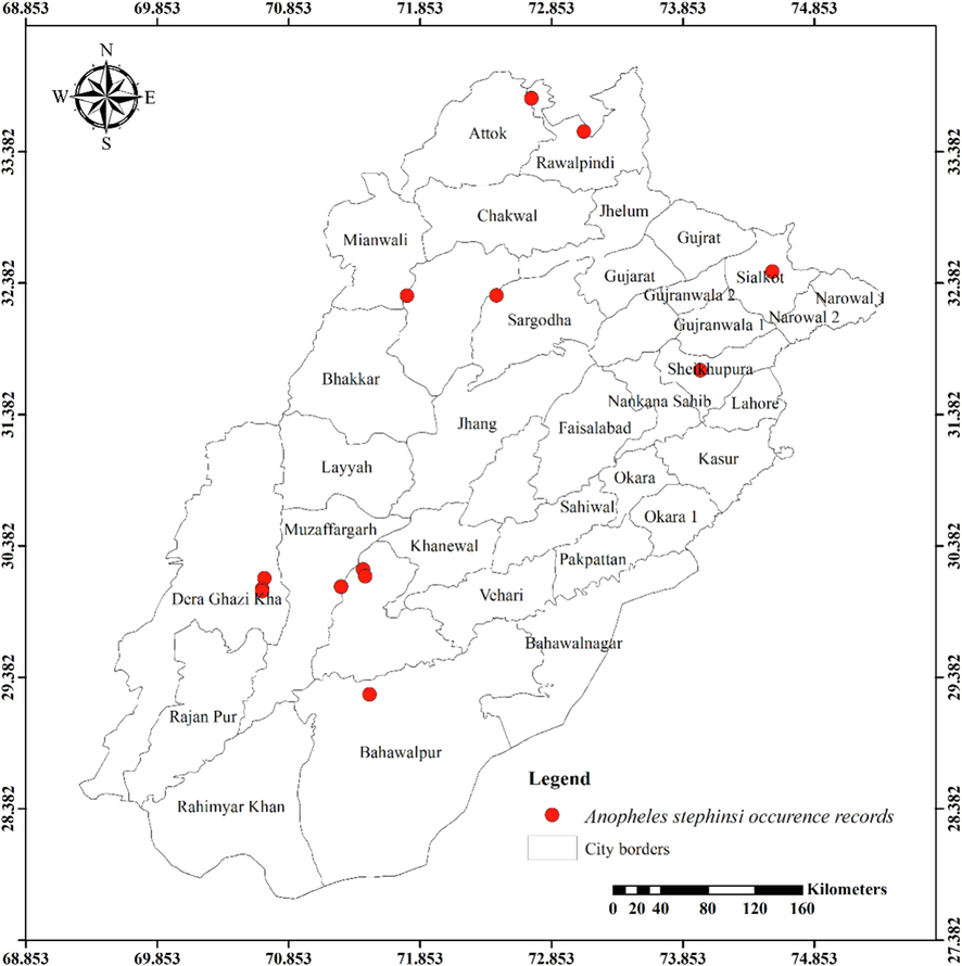 Distribution of Anopheles stephensi in different districts of Punjab province.