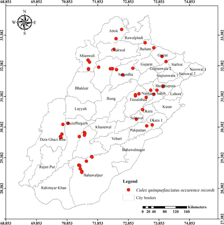 Distribution of Culex quinquefasciatus in different districts of Punjab province.