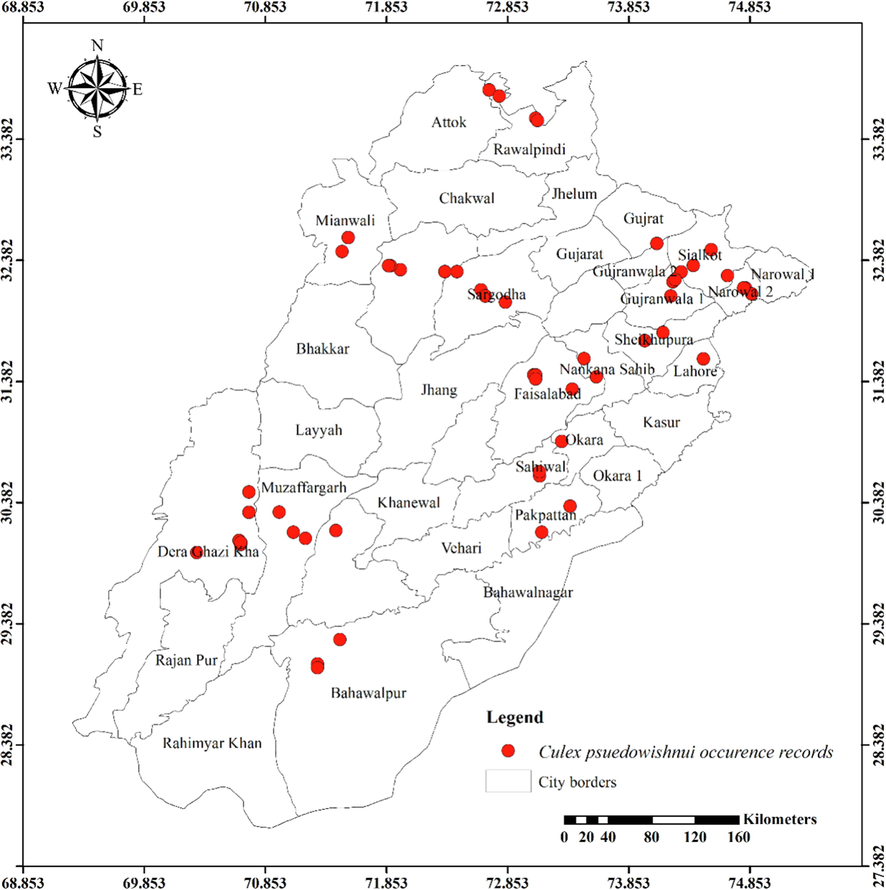 Distribution of Culex pseudovishnui in different districts of Punjab province.