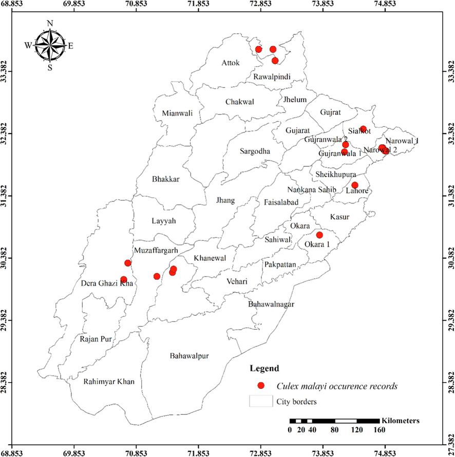 Distribution of Culex malayi in different districts of Punjab province.