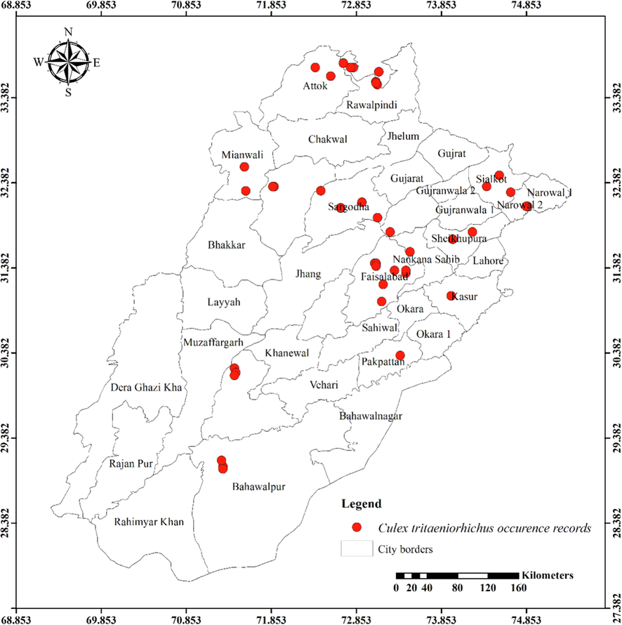 Distribution of Culex tritaeniorhynchus in different districts of Punjab province.