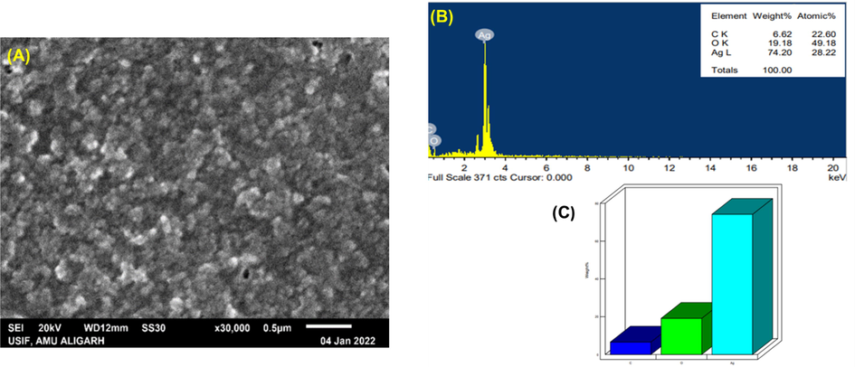  SEM and EDAX analysis of AgNPs biosynthesized from P. niruri. (A). SEM images of Pn-AgNPs; (B). Weight (%) of atoms present in Pn-AgNPs; (C). EDAX spectrum of Pn-AgNPs.