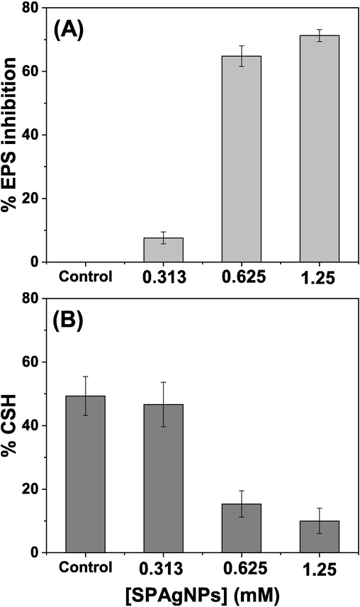 Effect of SPNPs on (A) EPS production and (B) cell surface hydrophobicity. The experiments are repeated three times, and the average values are given as mean ± SD.