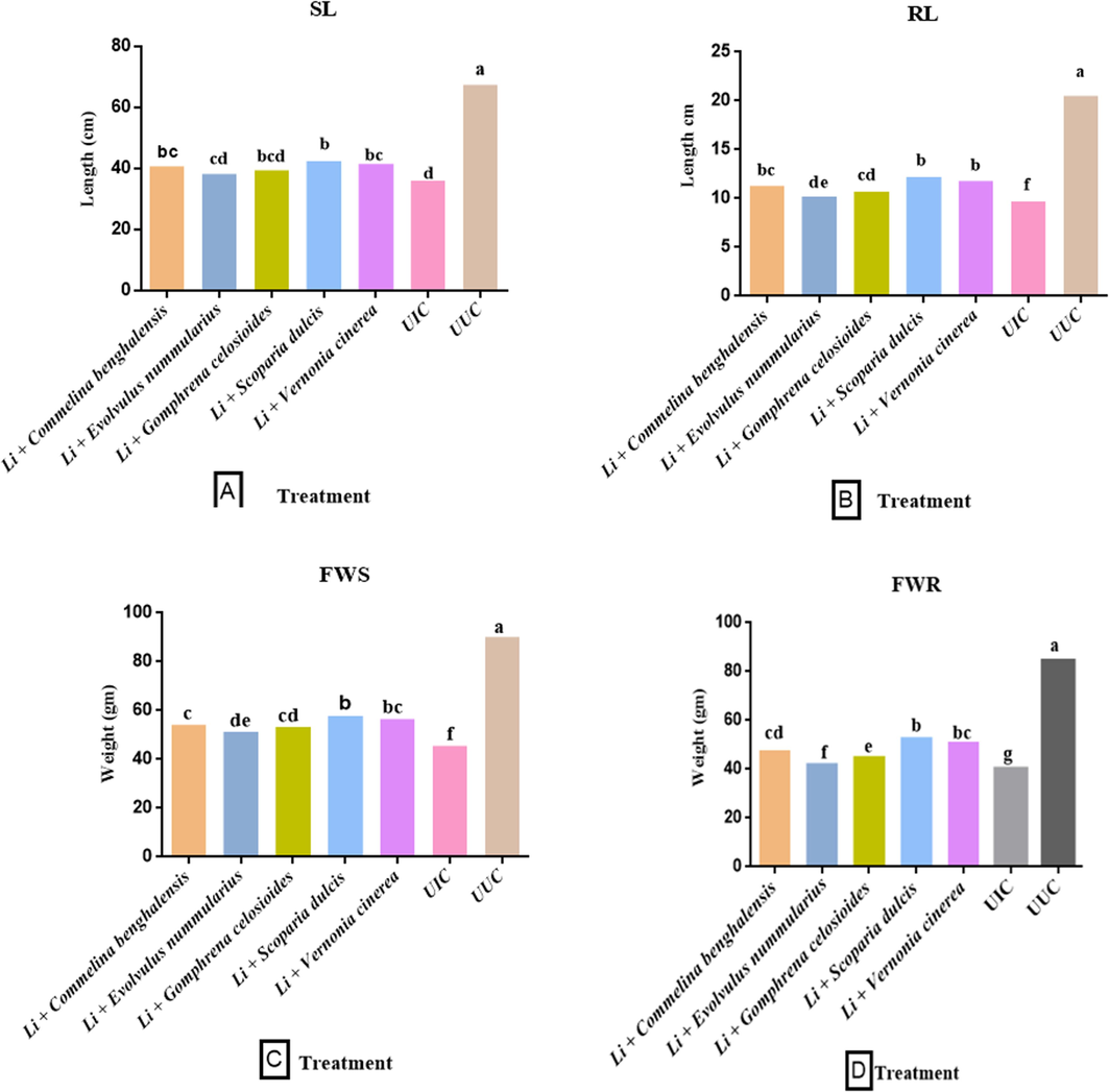 Effect of L. indica with some selected botanicals on the growth parameters A-F, biochemical parameters G-J, and pathological parameters K-M, of carrot. (UUC- Untreated uninoculated control; UIC- Untreated inoculated control; SL- Shoot length; RL- Root length; FWS- Fresh weight shoot; FWR- Fresh weight root; DWS- Dry weight shoot; DWR- dry weight root; NRA-Nitrate reductase activity). Data presented as means. According to Duncan’s multiple range test same letters are not significantly different.